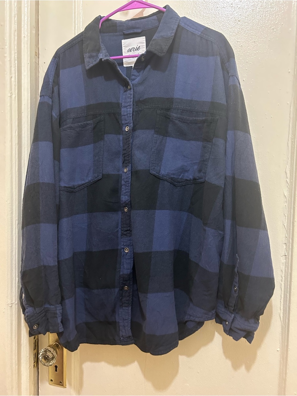 NWOT aerie Navy and Black Oversized Flannel Shirt Sz L. Plaid Button-Down - Picture 3 of 10